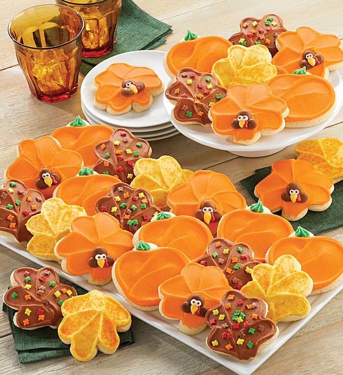 Buttercream Frosted Turkey, Leaf, and Pumpkin Cut Out Cookies