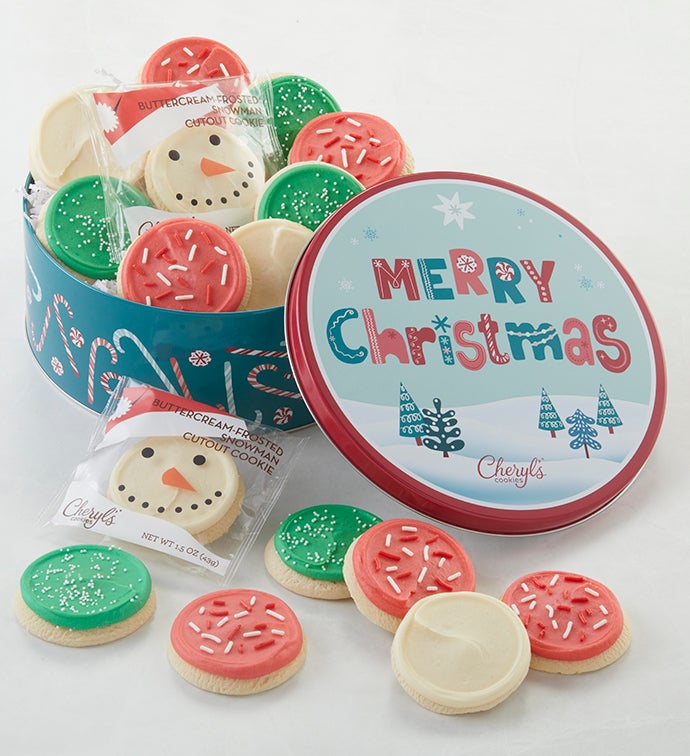 Whimsical Merry Christmas Gift Tin Frosted Sugar Cookies