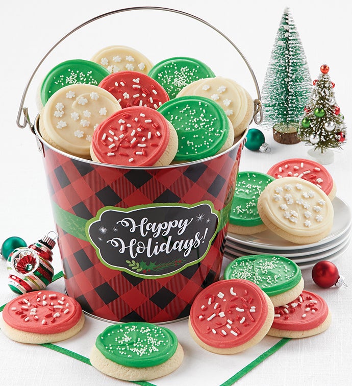 Happy Holidays Check Cookie Pail