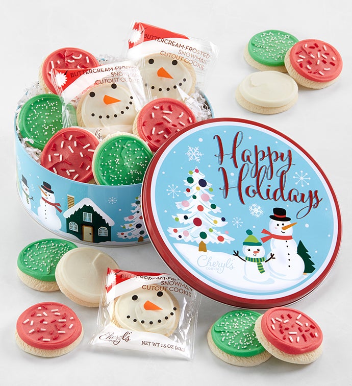 Whimsical Snowman Gift Tin   Buttercream Frosted Sugar Cookies
