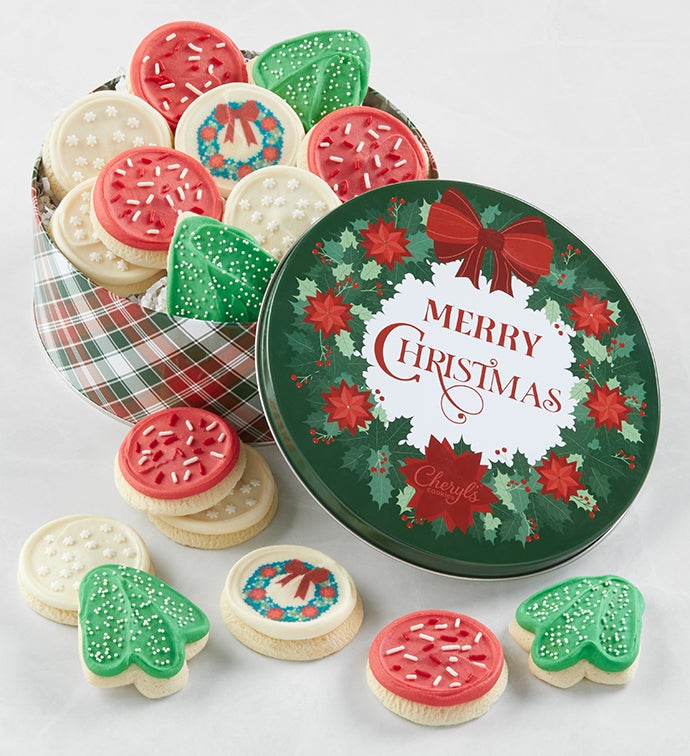 Traditional Merry Christmas Gift Tin   Buttercream Frosted Sugar Cookies