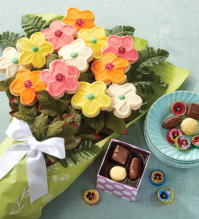 Buttercream Frosted Long Stemmed Cookie Flowers with Chocolates