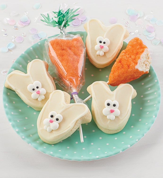 Buttercream Frosted Cut Out Bunny Cookies and Crispy Carrot Pops