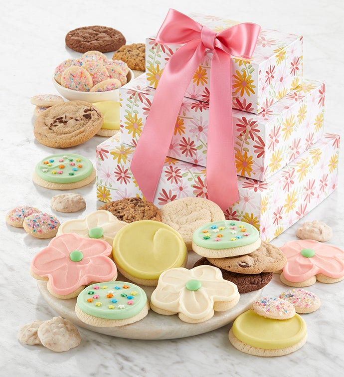 Mother’s Day Floral Gift Tower - decorated cookies for mother's day